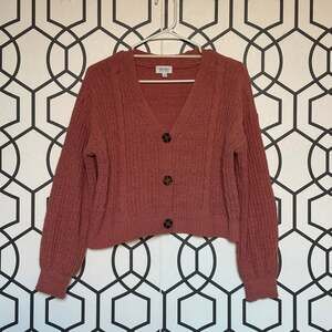 True Craft Dusty Rose Cable Knit Cropped Button Front Cardigan Size S